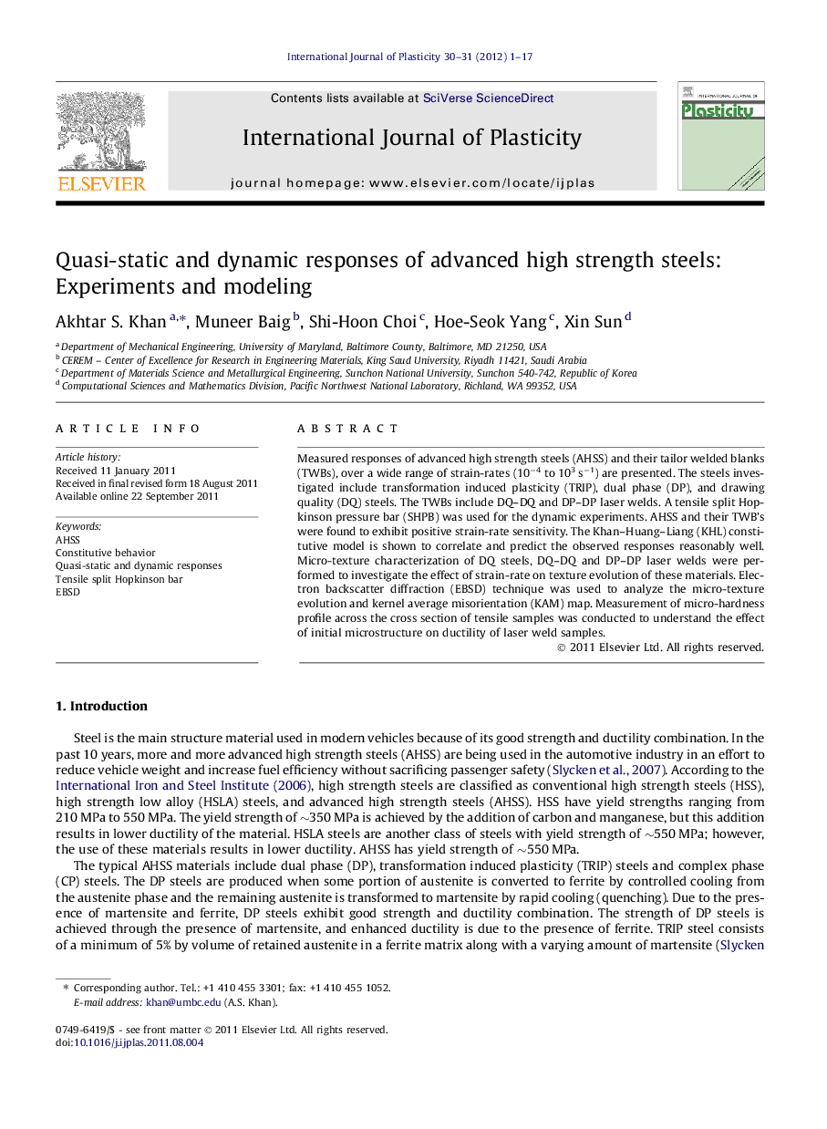 Quasi-static and dynamic responses of advanced high strength steels: Experiments and modeling