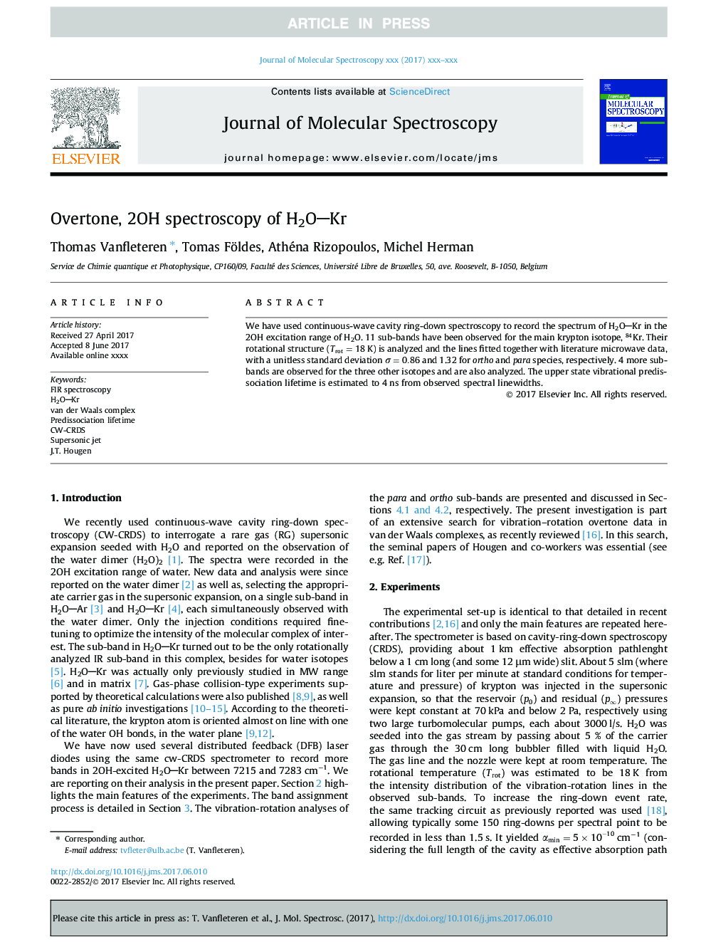 Overtone, 2OH spectroscopy of H2OKr