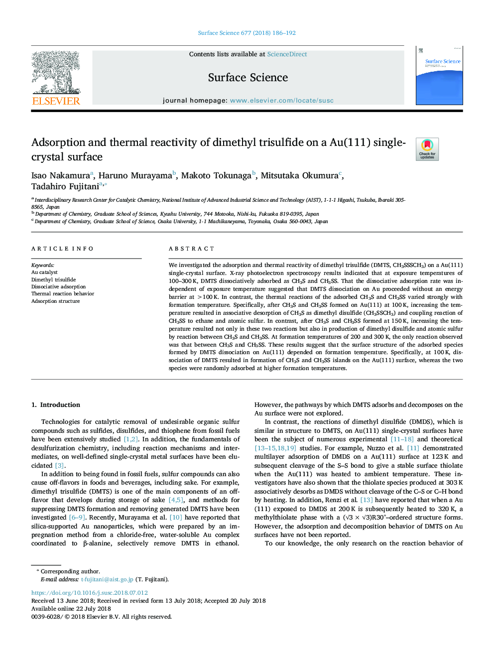 Adsorption and thermal reactivity of dimethyl trisulfide on a Au(111) single-crystal surface