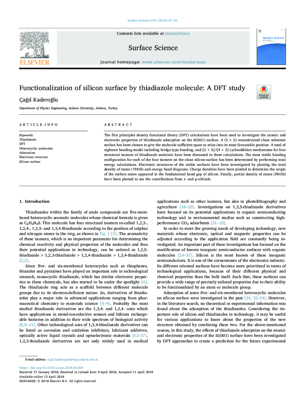 Functionalization of silicon surface by thiadiazole molecule: A DFT study