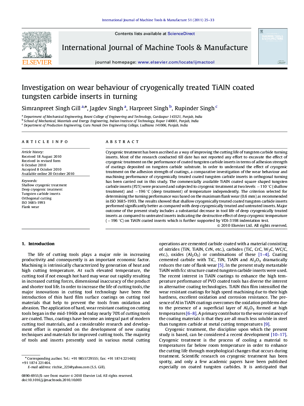 Investigation on wear behaviour of cryogenically treated TiAlN coated tungsten carbide inserts in turning