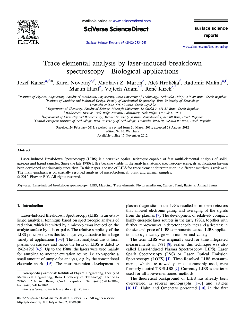 Trace elemental analysis by laser-induced breakdown spectroscopy-Biological applications