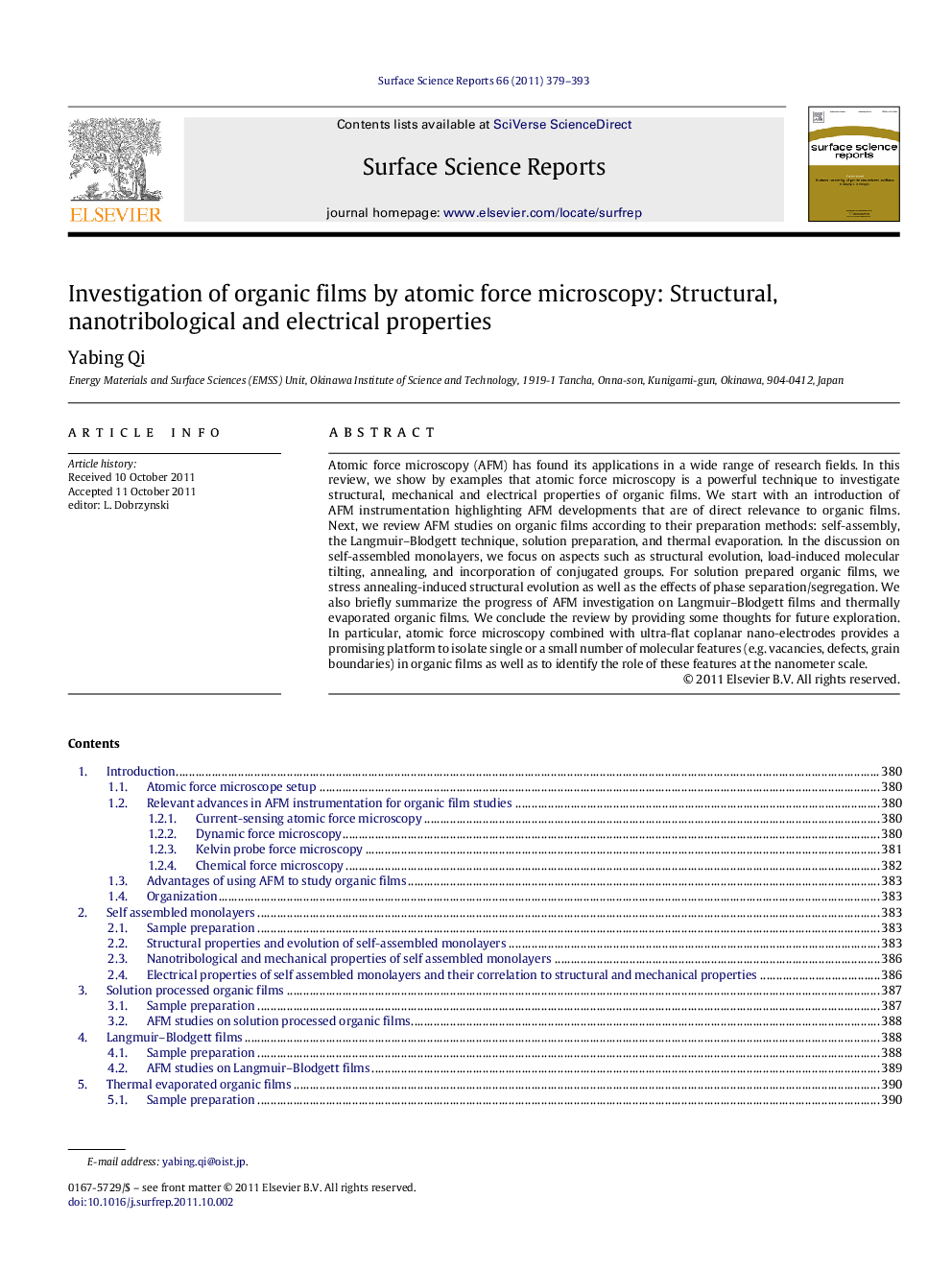 عکس صفحه اول مقاله: Investigation of organic films by atomic force microscopy: Structural, nanotribological and electrical properties Investigation of organic films by atomic force microscopy: Structural, nanotribological and electrical properties