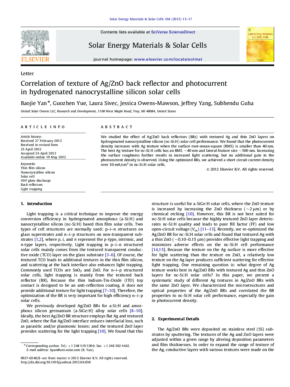 Correlation of texture of Ag/ZnO back reflector and photocurrent in hydrogenated nanocrystalline silicon solar cells