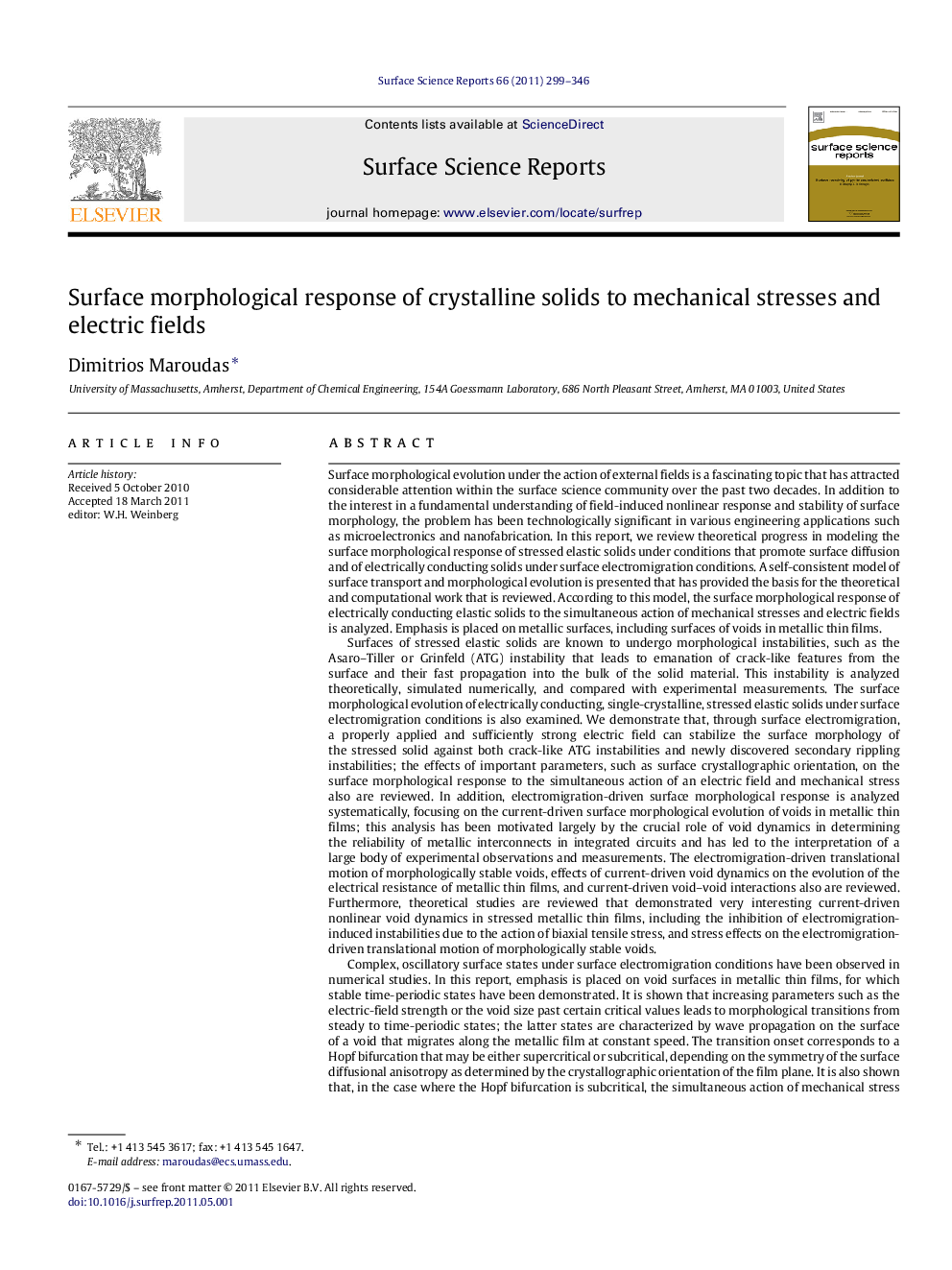 عکس صفحه اول مقاله: Surface morphological response of crystalline solids to mechanical stresses and electric fields Surface morphological response of crystalline solids to mechanical stresses and electric fields