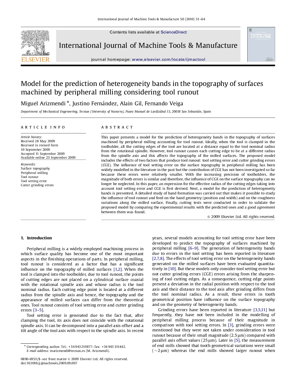 Model for the prediction of heterogeneity bands in the topography of surfaces machined by peripheral milling considering tool runout