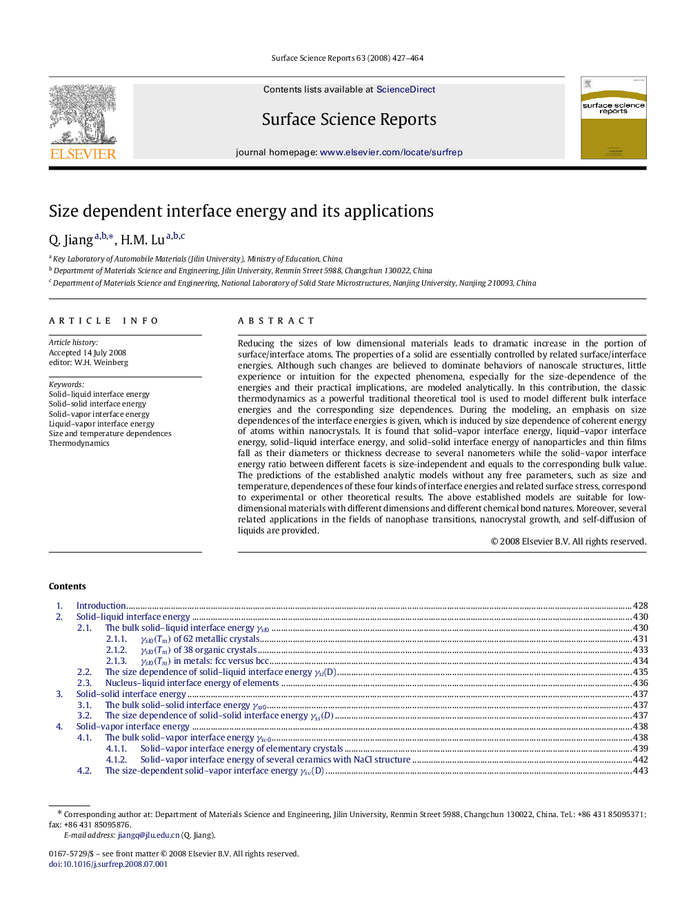 Size dependent interface energy and its applications