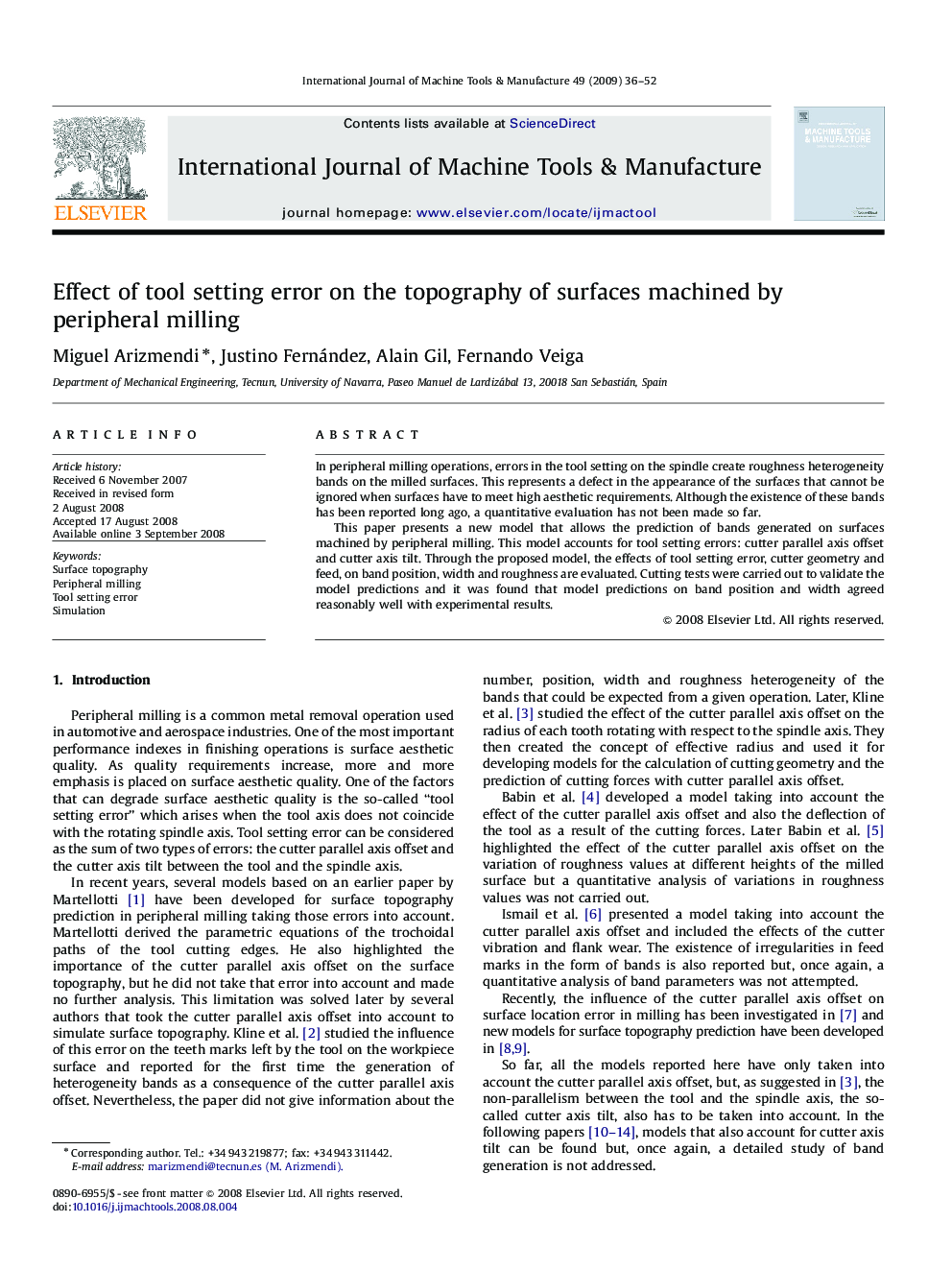 Effect of tool setting error on the topography of surfaces machined by peripheral milling