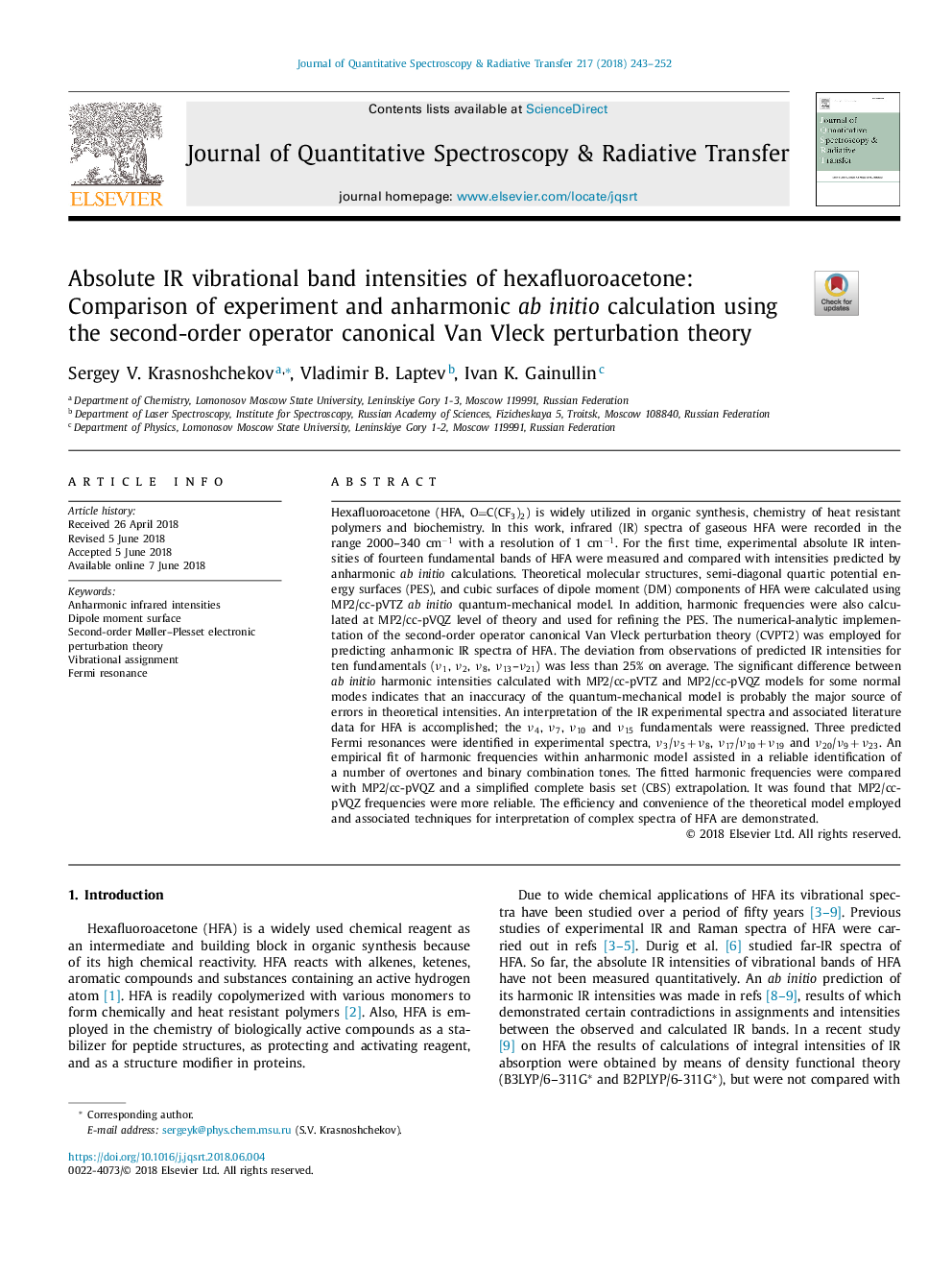 Absolute IR vibrational band intensities of hexafluoroacetone: Comparison of experiment and anharmonic ab initio calculation using the second-order operator canonical Van Vleck perturbation theory