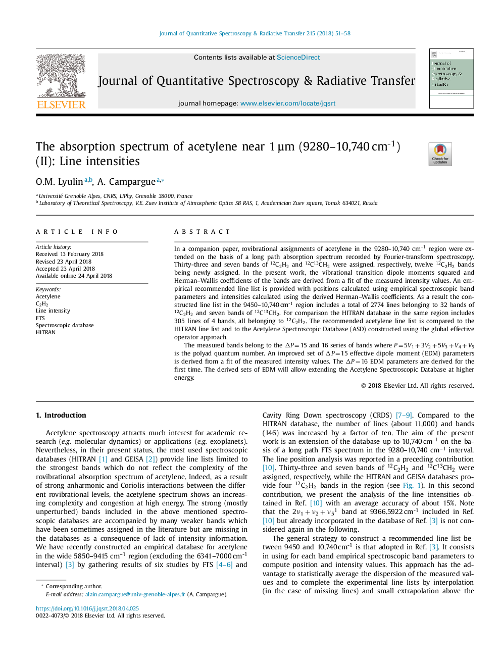 The absorption spectrum of acetylene near 1â¯Âµm (9280-10,740â¯cm-1) (II): Line intensities