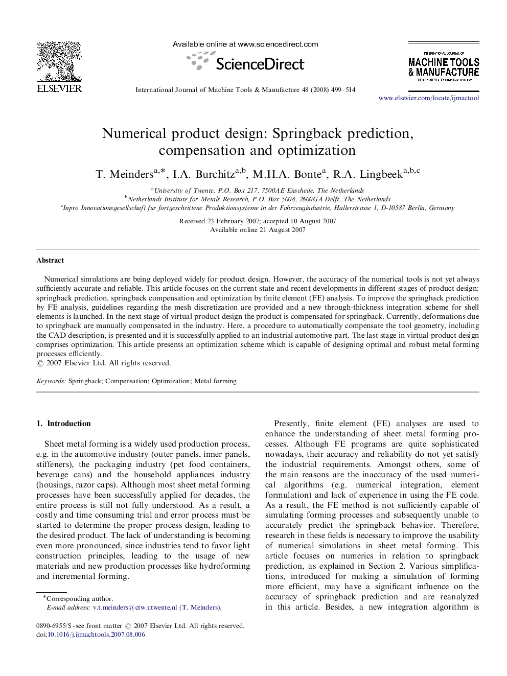 Numerical product design: Springback prediction, compensation and optimization