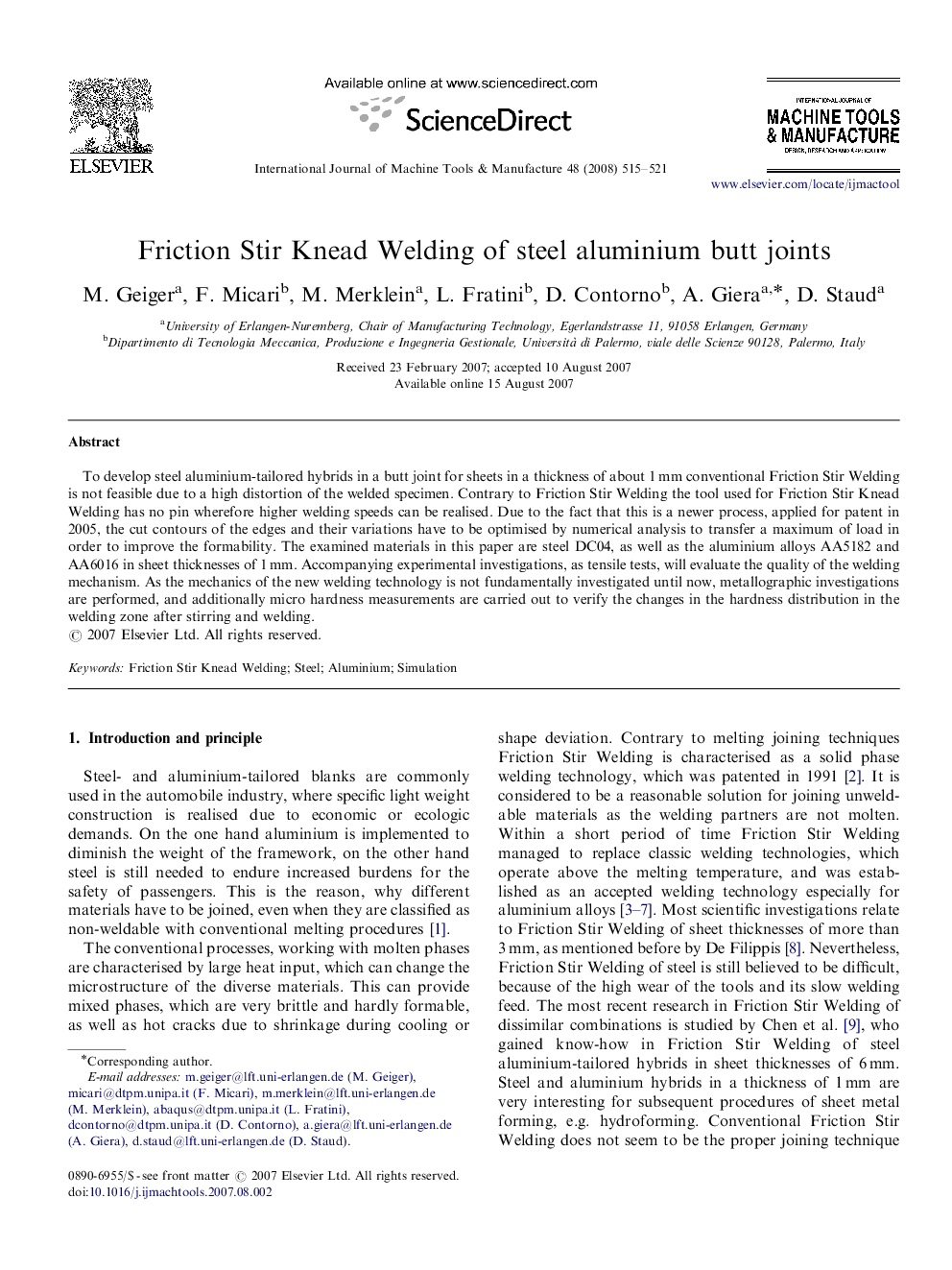 Friction Stir Knead Welding of steel aluminium butt joints