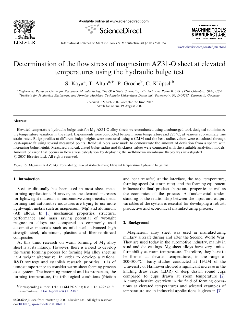 Determination of the flow stress of magnesium AZ31-O sheet at elevated temperatures using the hydraulic bulge test