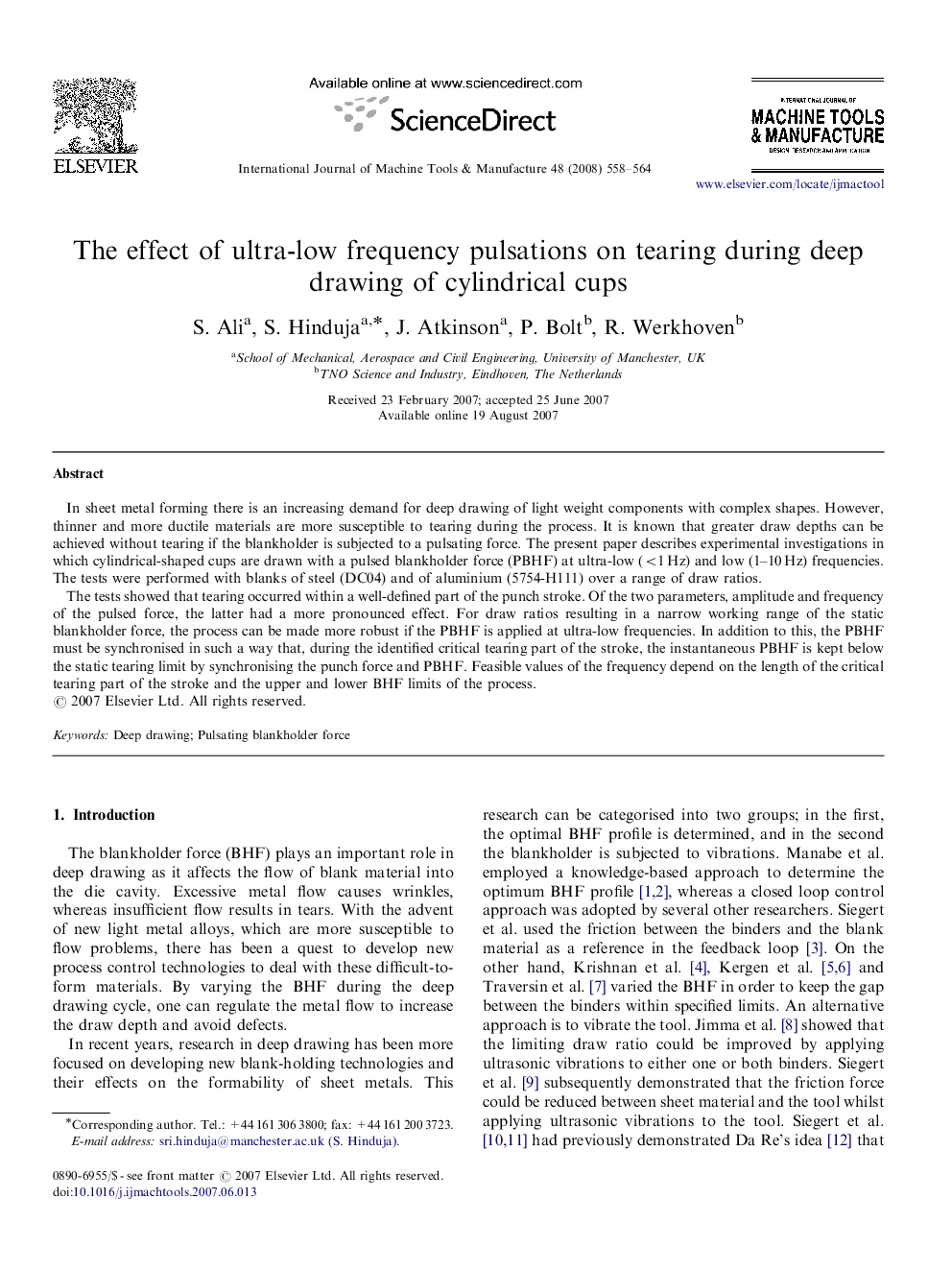 The effect of ultra-low frequency pulsations on tearing during deep drawing of cylindrical cups