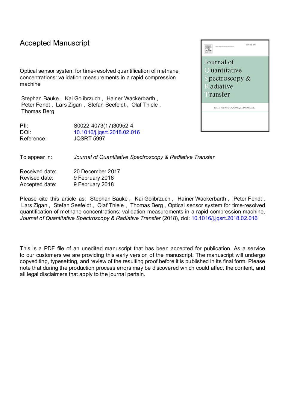 Optical sensor system for time-resolved quantification of methane concentrations: Validation measurements in a rapid compression machine