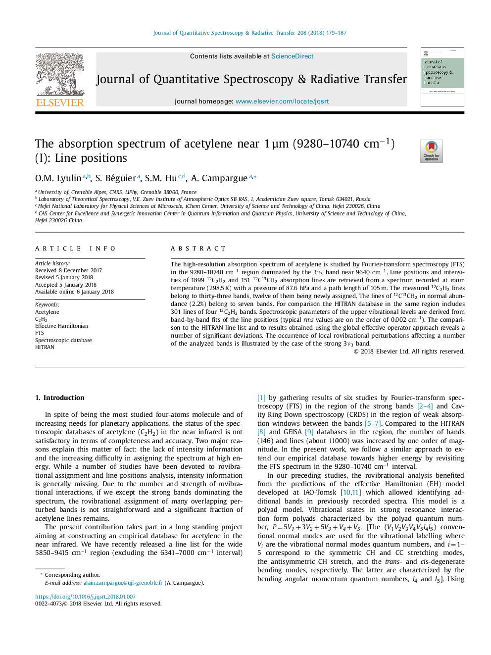 The absorption spectrum of acetylene near 1â¯Âµm (9280-10740Â cmâ1) (I): Line positions