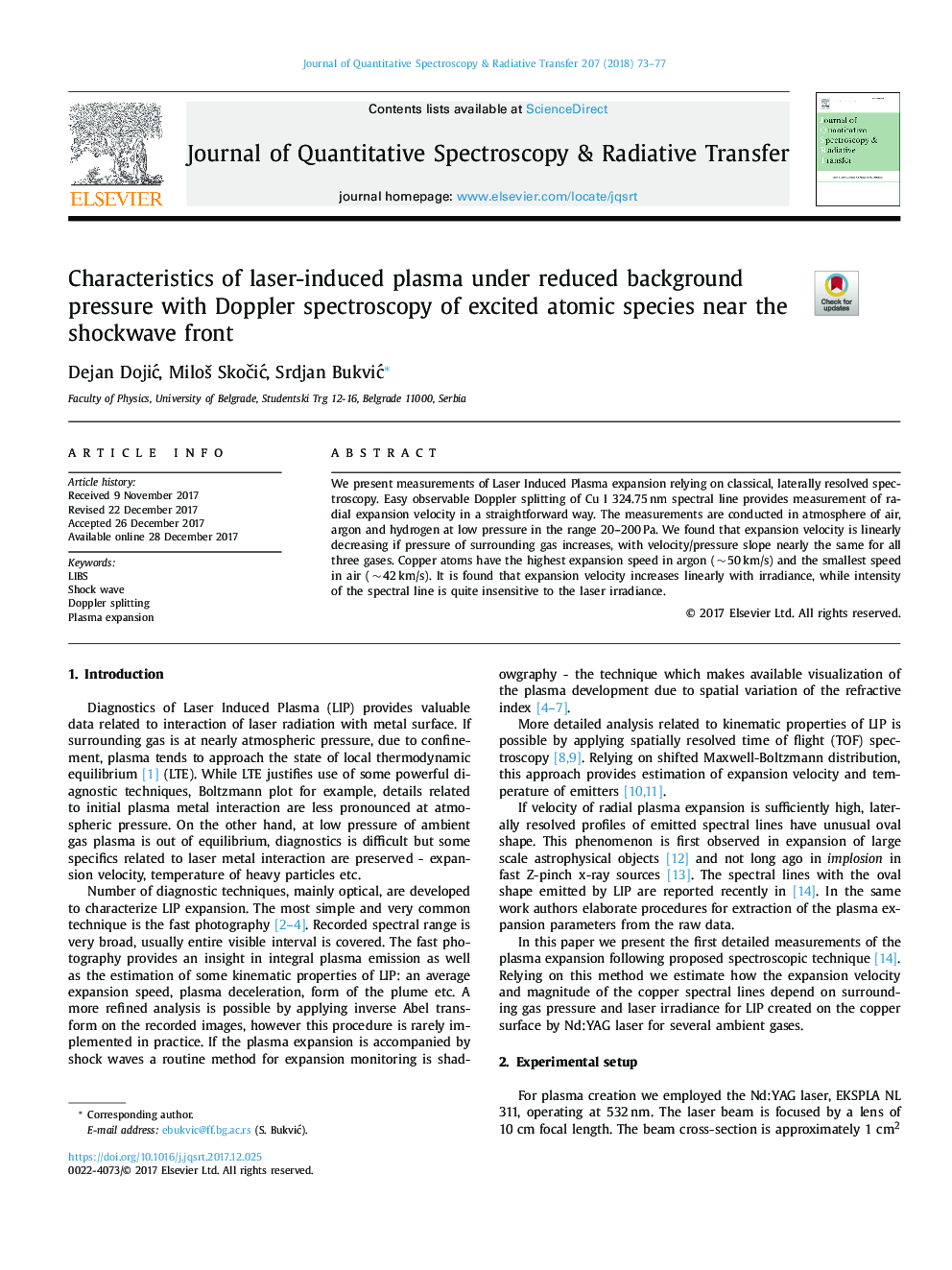 Characteristics of laser-induced plasma under reduced background pressure with Doppler spectroscopy of excited atomic species near the shockwave front