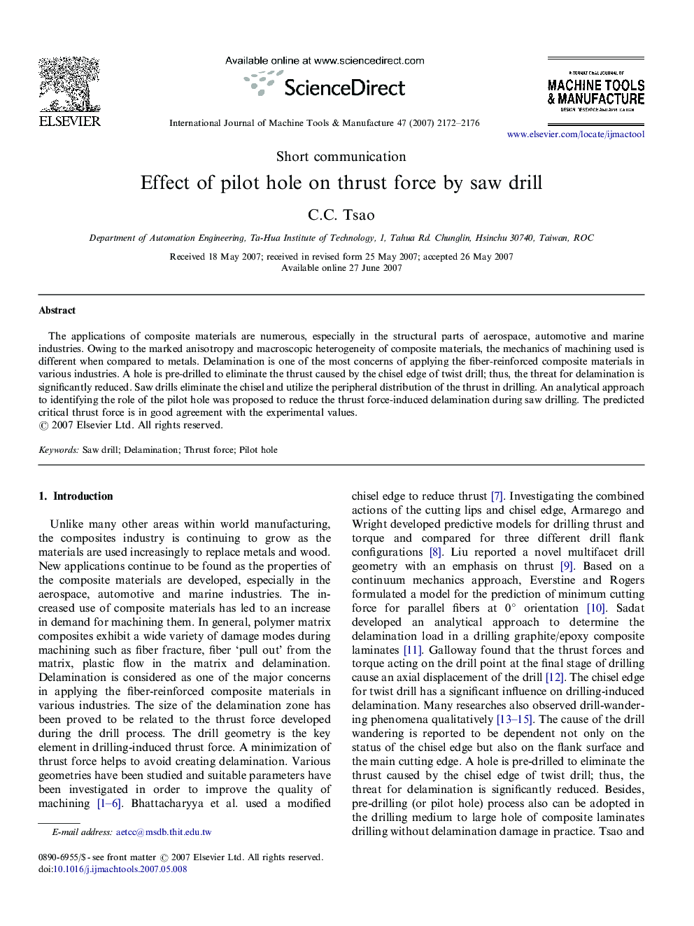 Effect of pilot hole on thrust force by saw drill