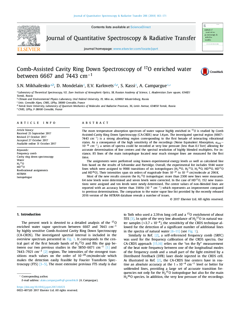 Comb-Assisted Cavity Ring Down Spectroscopy of 17O enriched water between 6667 and 7443Â cmâ1