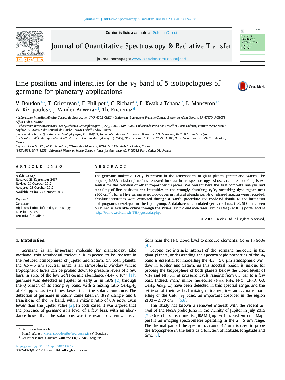 Line positions and intensities for the Î½3 band of 5 isotopologues of germane for planetary applications