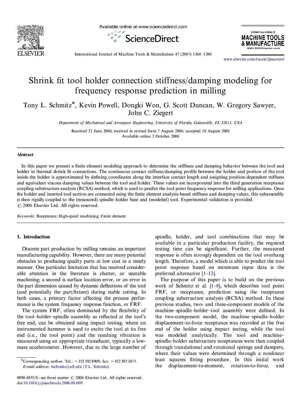 Shrink fit tool holder connection stiffness/damping modeling for frequency response prediction in milling