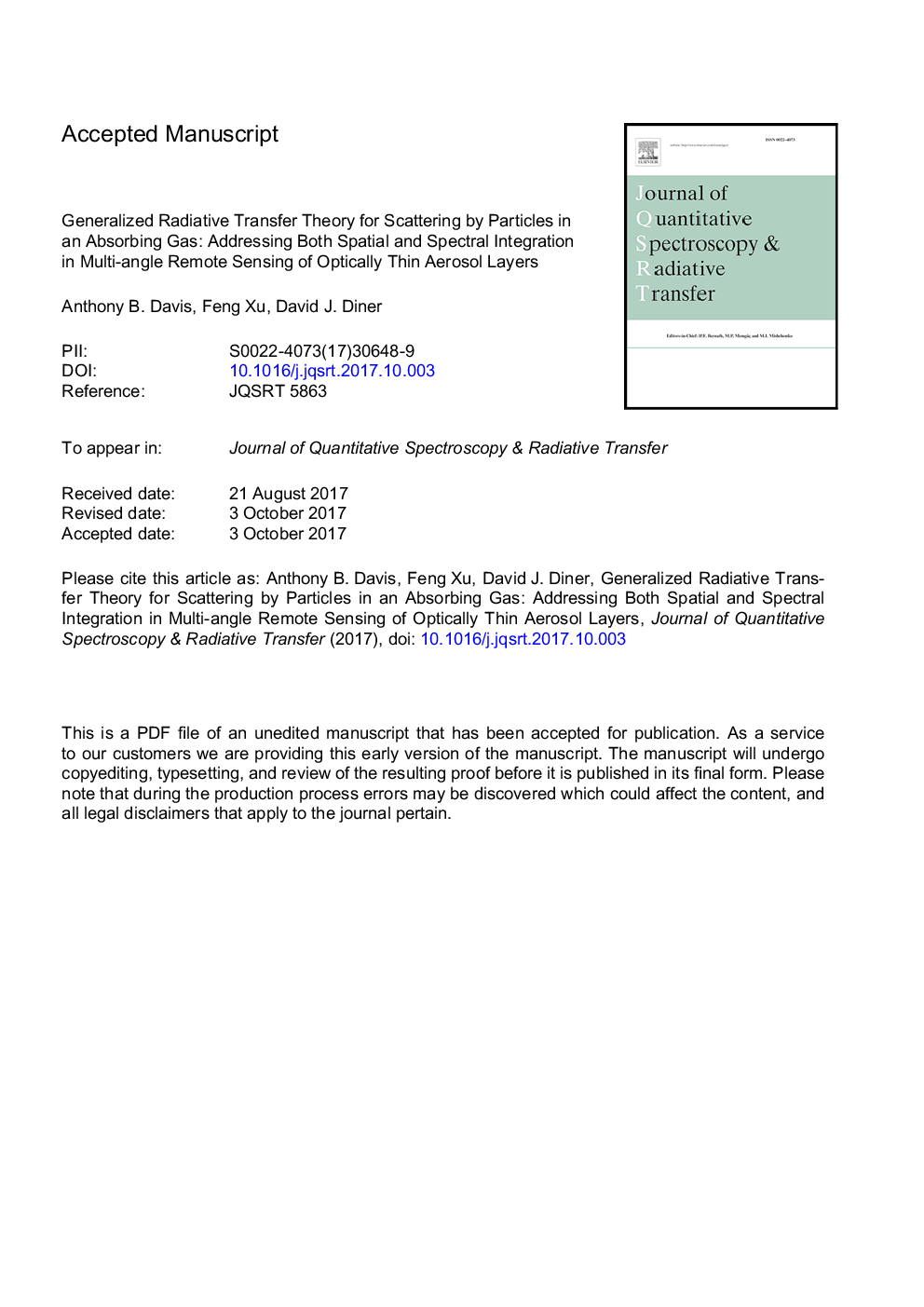 Generalized radiative transfer theory for scattering by particles in an absorbing gas: Addressing both spatial and spectral integration in multi-angle remote sensing of optically thin aerosol layers