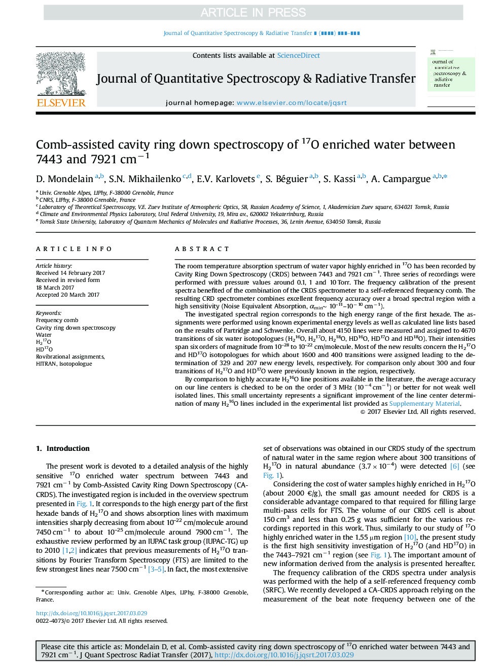 Comb-assisted cavity ring down spectroscopy of 17O enriched water between 7443 and 7921Â cmâ1