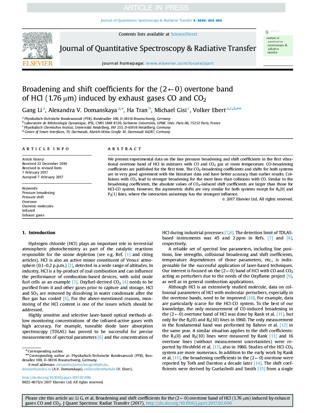 Broadening and shift coefficients for the (2â0) overtone band of HCl (1.76Â Âµm) induced by exhaust gases CO and CO2