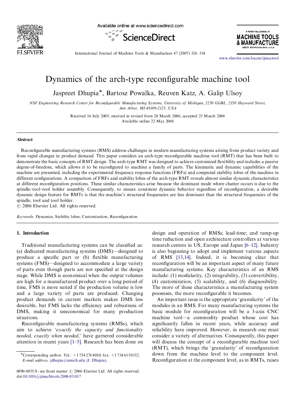 Dynamics of the arch-type reconfigurable machine tool