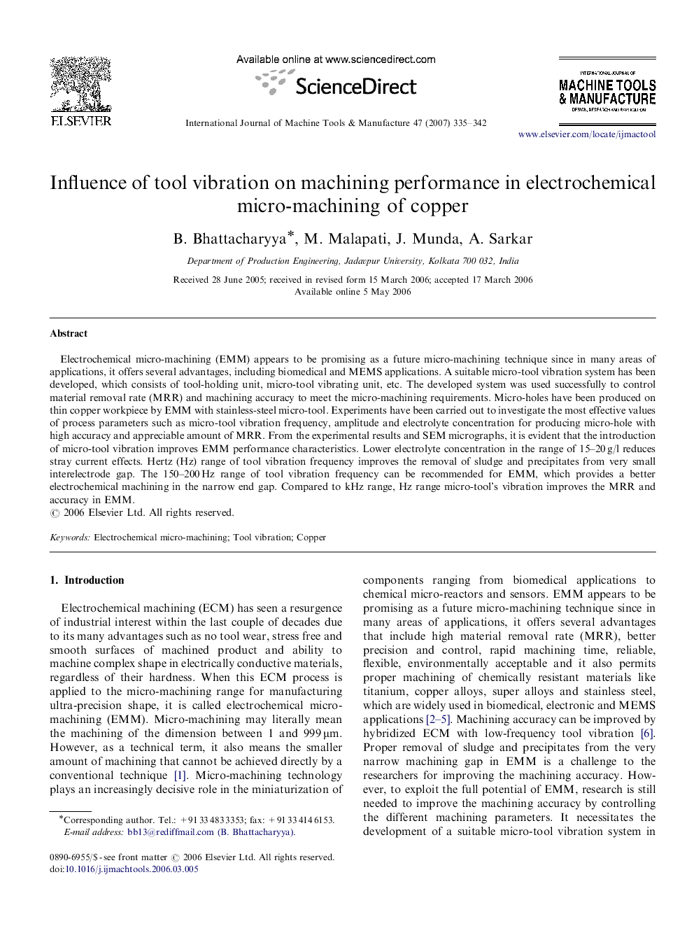 Influence of tool vibration on machining performance in electrochemical micro-machining of copper