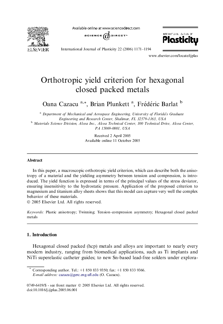 Orthotropic yield criterion for hexagonal closed packed metals