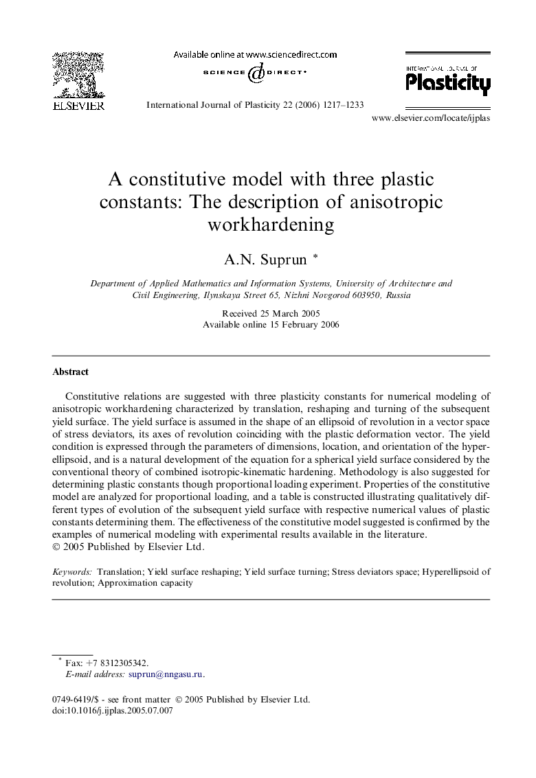 A constitutive model with three plastic constants: The description of anisotropic workhardening