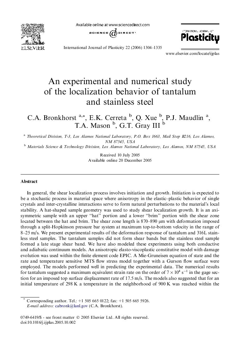 An experimental and numerical study of the localization behavior of tantalum and stainless steel