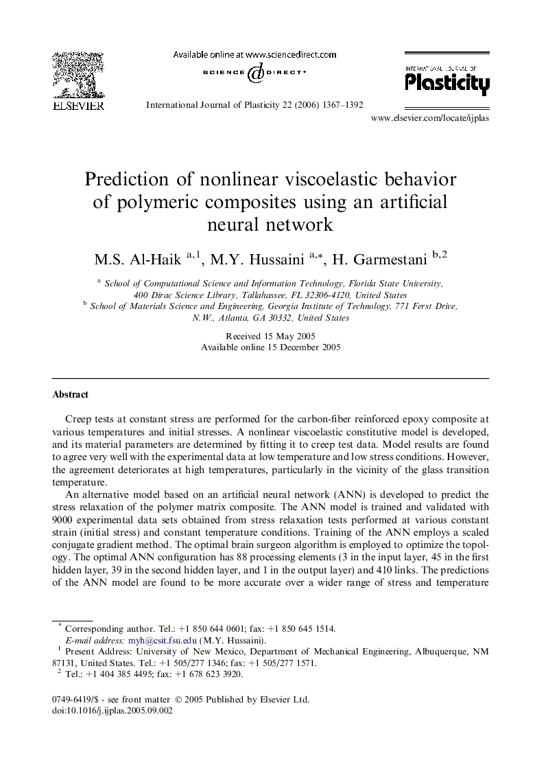 Prediction of nonlinear viscoelastic behavior of polymeric composites using an artificial neural network