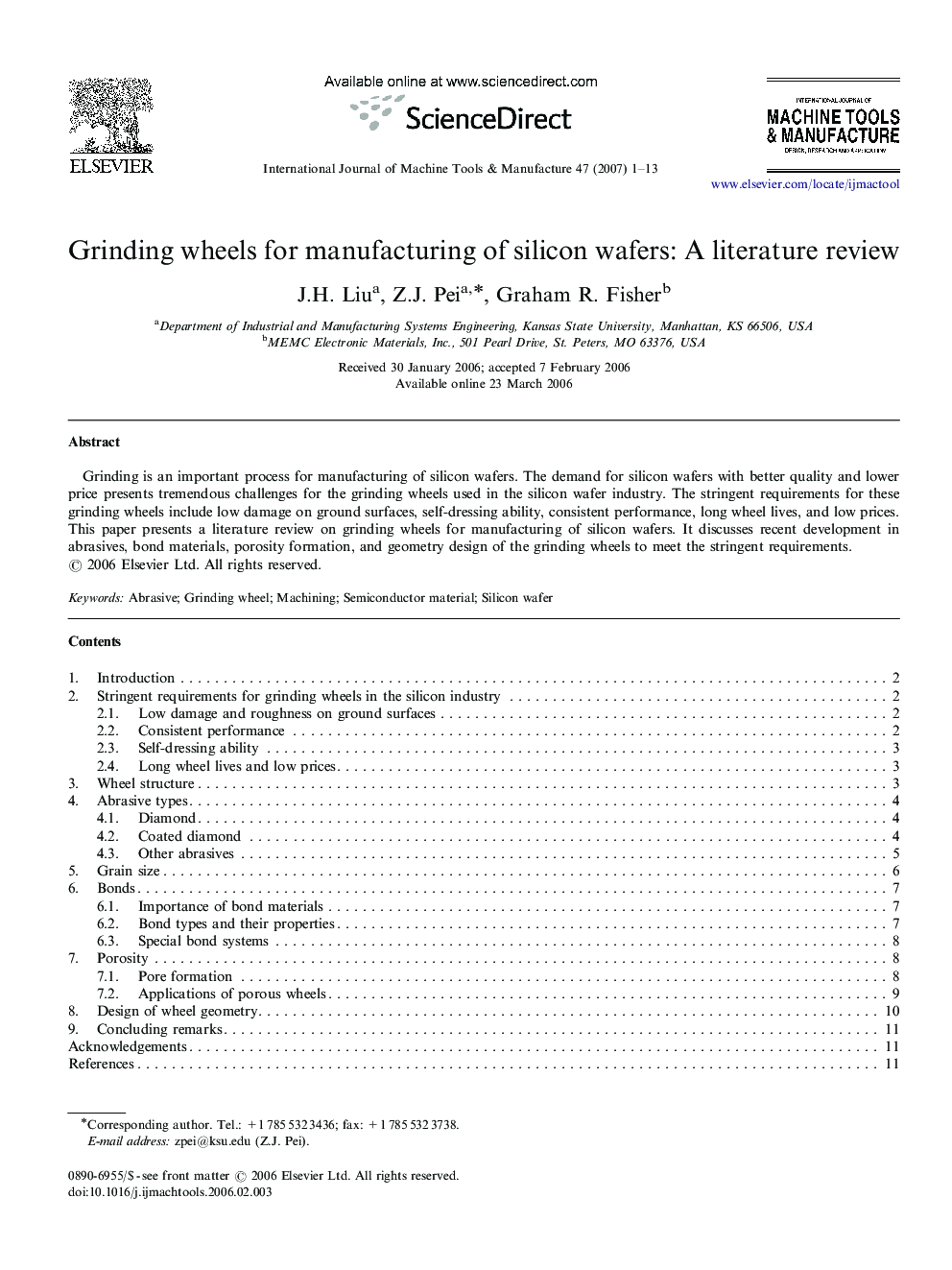 Grinding wheels for manufacturing of silicon wafers: A literature review
