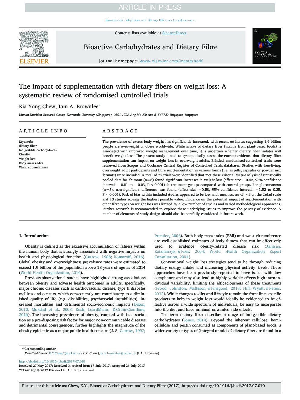 The impact of supplementation with dietary fibers on weight loss: A systematic review of randomised controlled trials