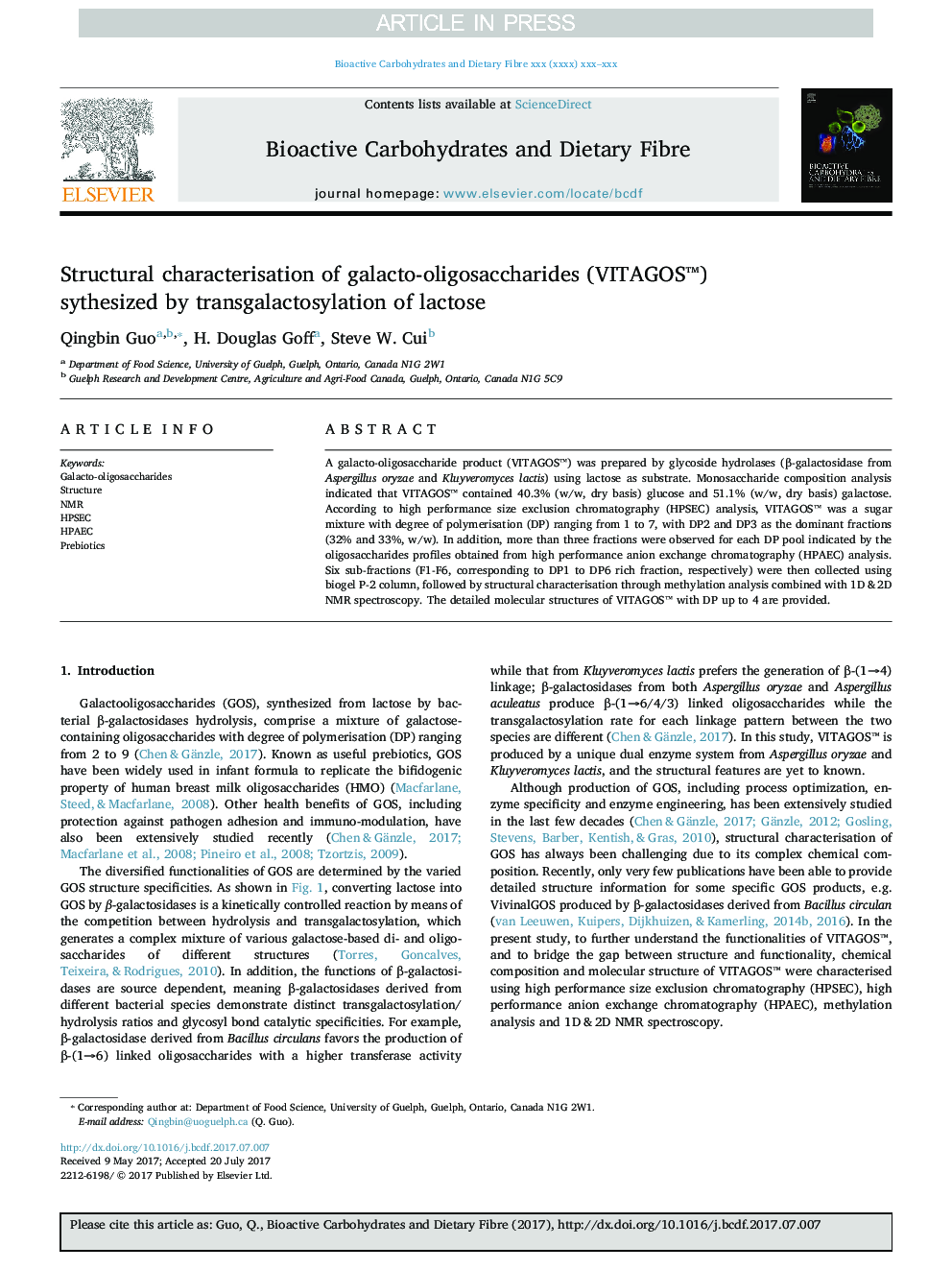 Structural characterisation of galacto-oligosaccharides (VITAGOSâ¢) sythesized by transgalactosylation of lactose