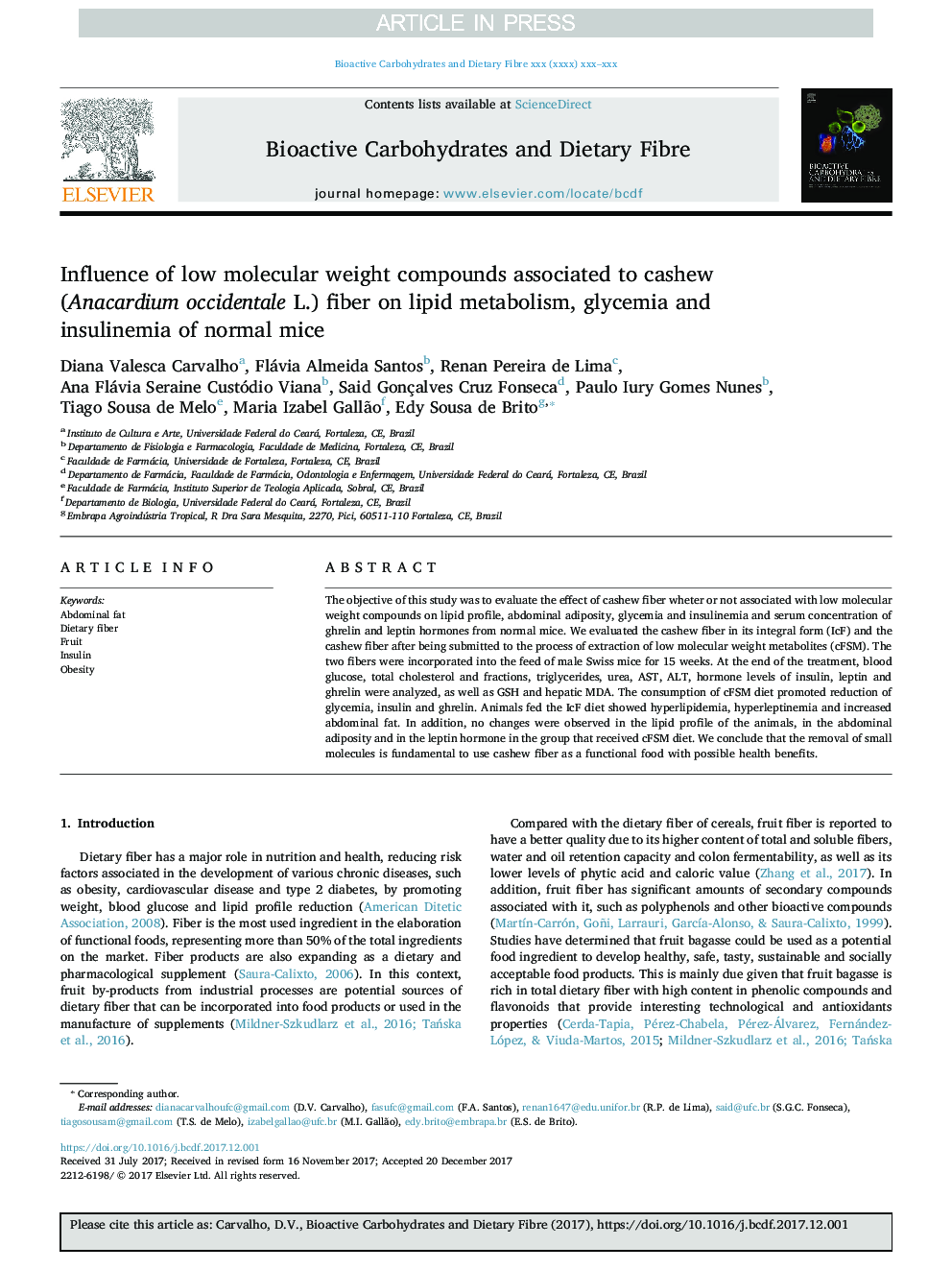 Influence of low molecular weight compounds associated to cashew (Anacardium occidentale L.) fiber on lipid metabolism, glycemia and insulinemia of normal mice