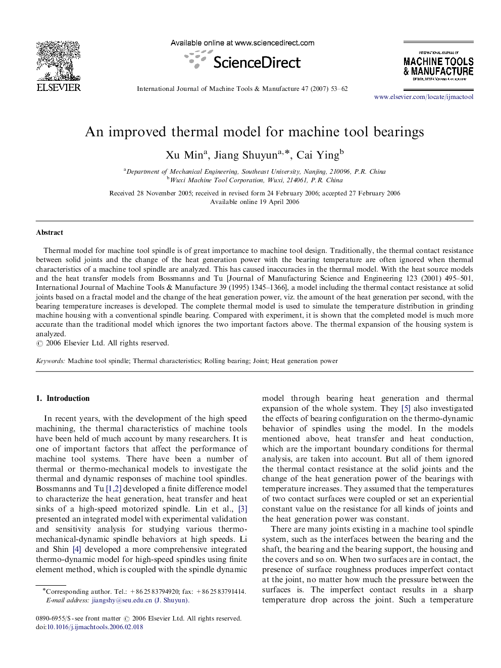 An improved thermal model for machine tool bearings