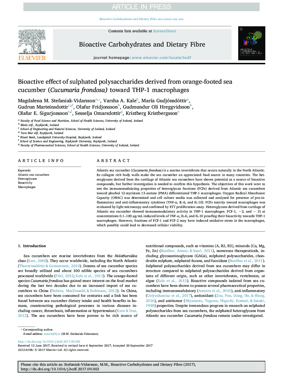 Bioactive effect of sulphated polysaccharides derived from orange-footed sea cucumber (Cucumaria frondosa) toward THP-1 macrophages