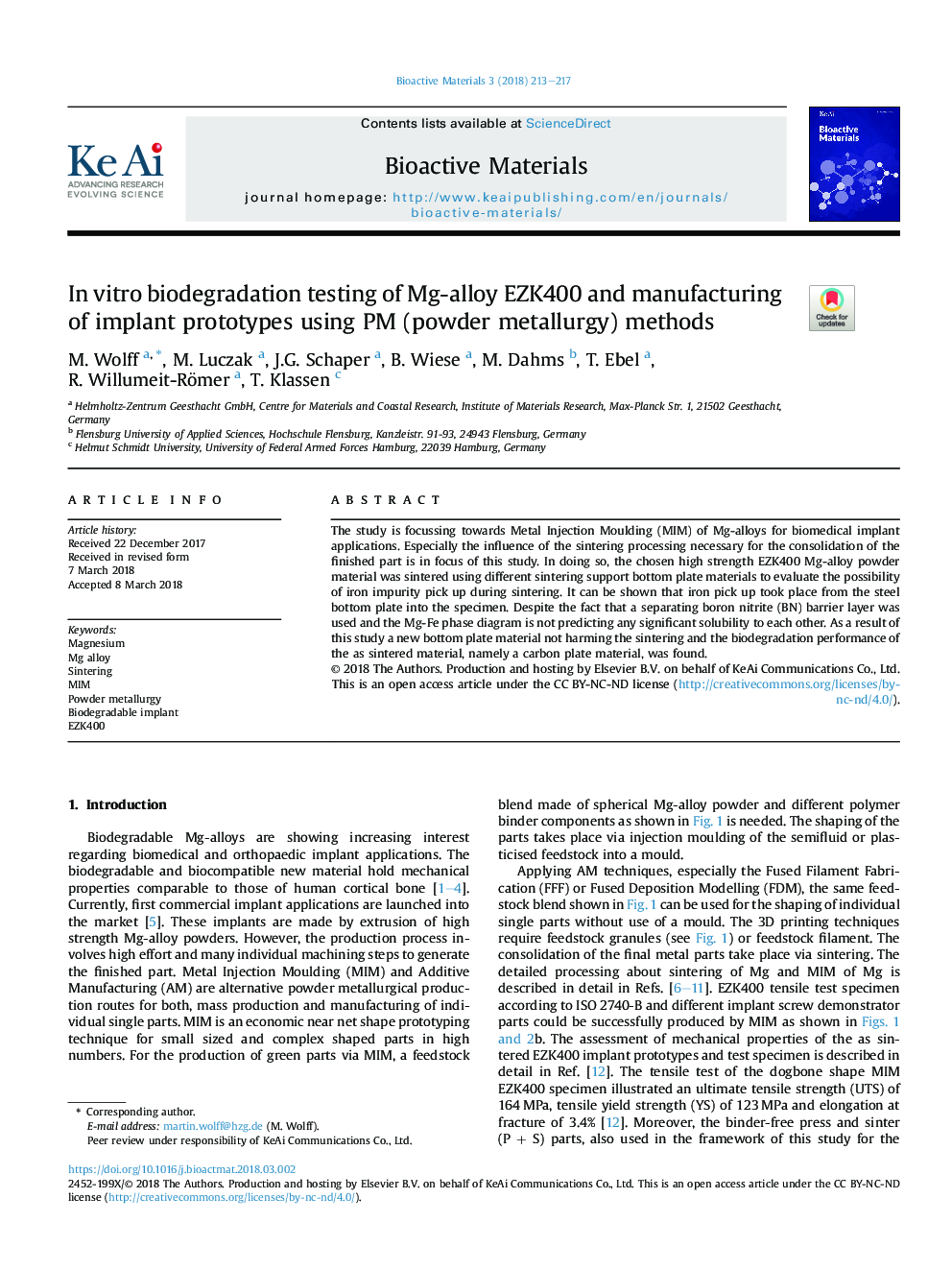 InÂ vitro biodegradation testing of Mg-alloy EZK400 and manufacturing of implant prototypes using PM (powder metallurgy) methods