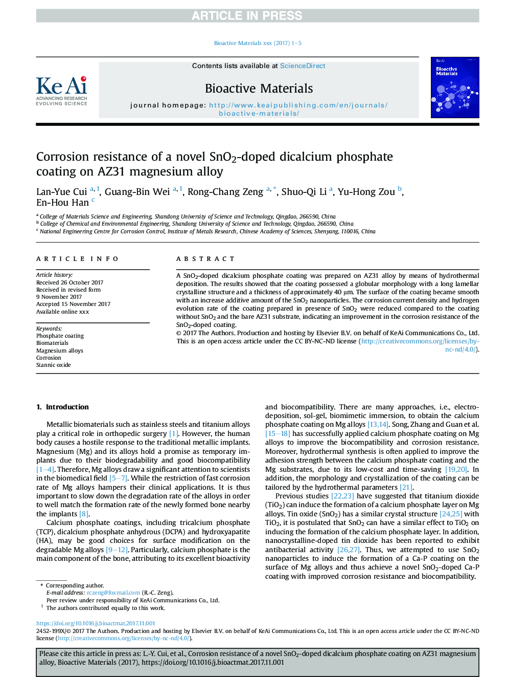 Corrosion resistance of a novel SnO2-doped dicalcium phosphate coating on AZ31 magnesium alloy