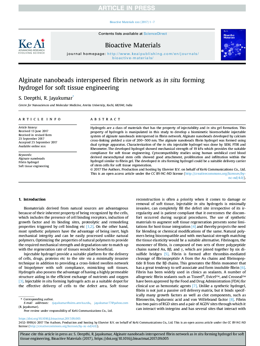 Alginate nanobeads interspersed fibrin network as in situ forming hydrogel for soft tissue engineering