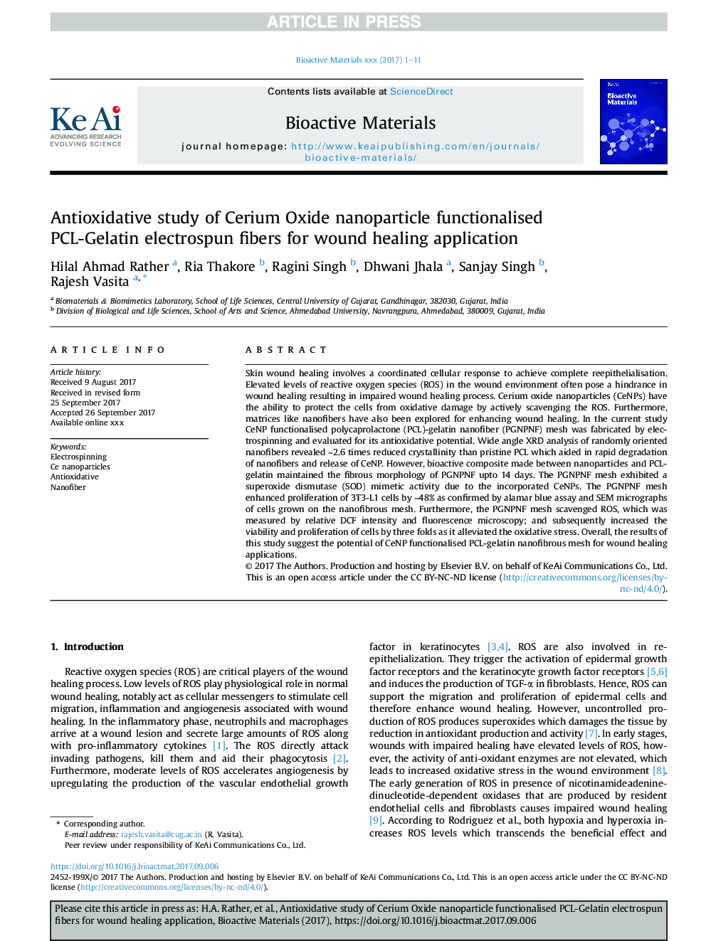 Antioxidative study of Cerium Oxide nanoparticle functionalised PCL-Gelatin electrospun fibers for wound healing application