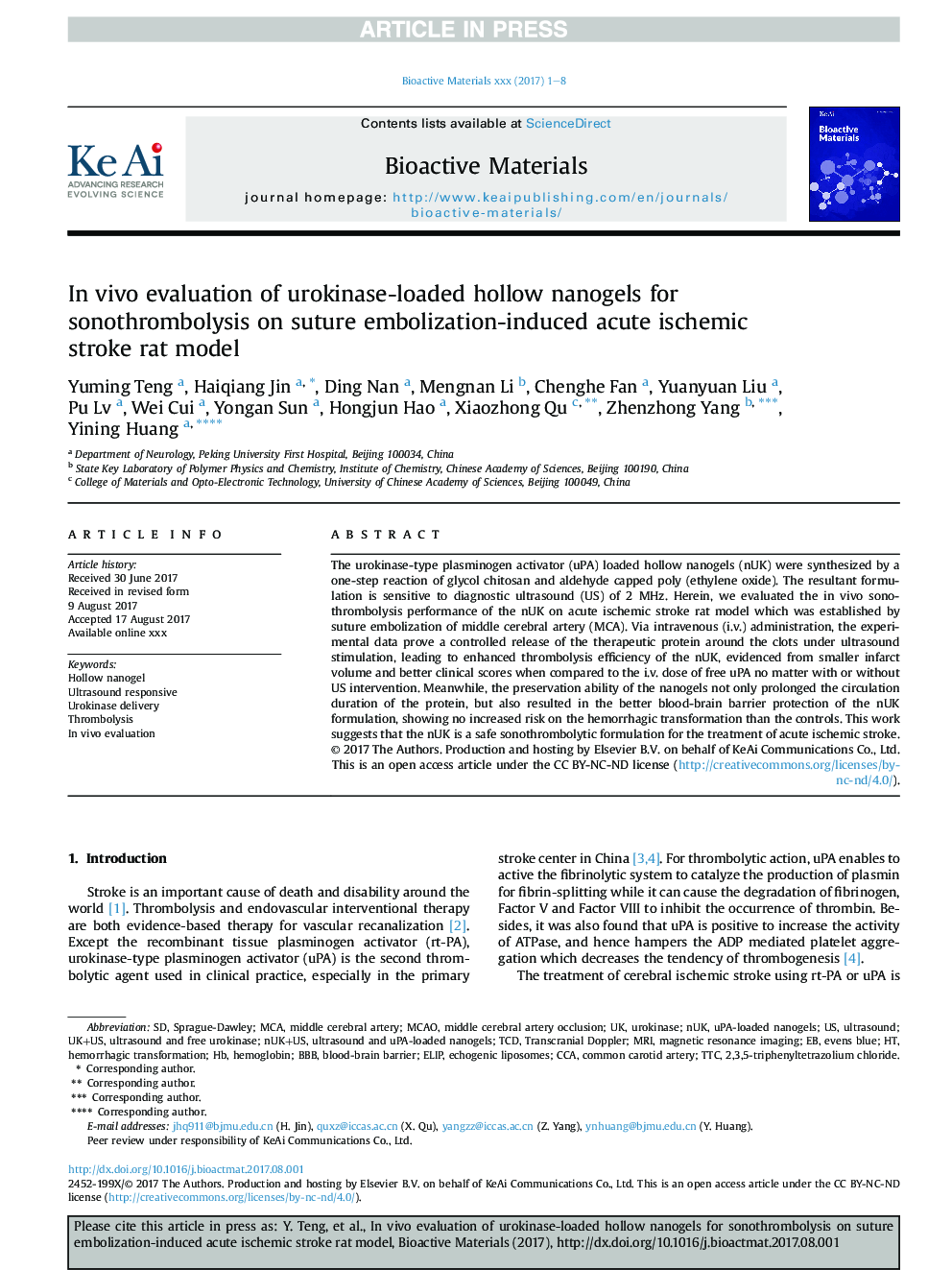 InÂ vivo evaluation of urokinase-loaded hollow nanogels for sonothrombolysis on suture embolization-induced acute ischemic stroke rat model