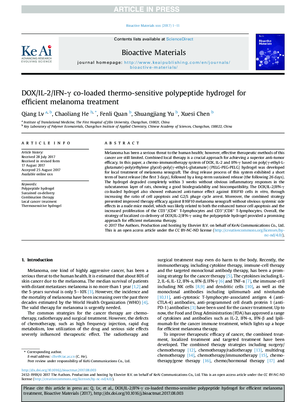 عکس صفحه اول مقاله: DOX/IL-2/IFN-γ co-loaded thermo-sensitive polypeptide hydrogel for efficient melanoma treatment DOX/IL-2/IFN-γ co-loaded thermo-sensitive polypeptide hydrogel for efficient melanoma treatment