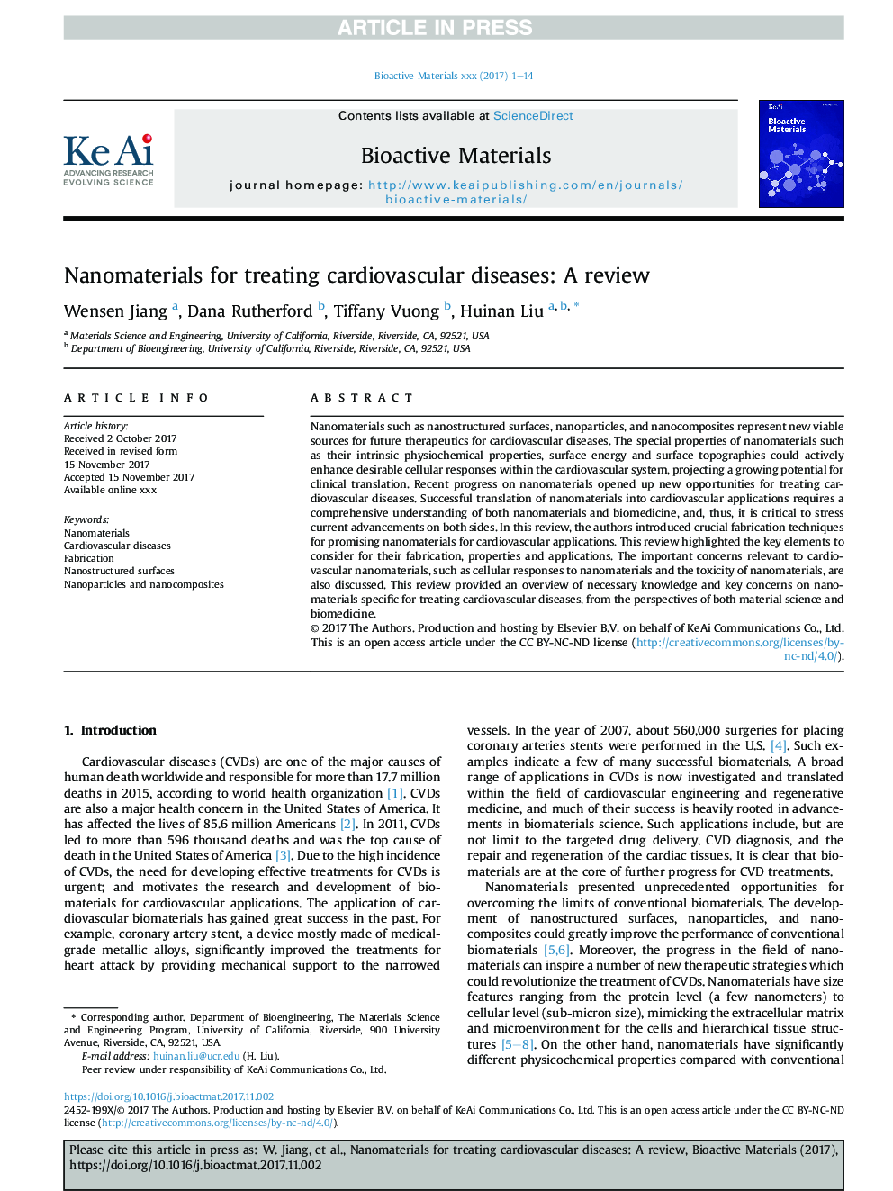 Nanomaterials for treating cardiovascular diseases: A review