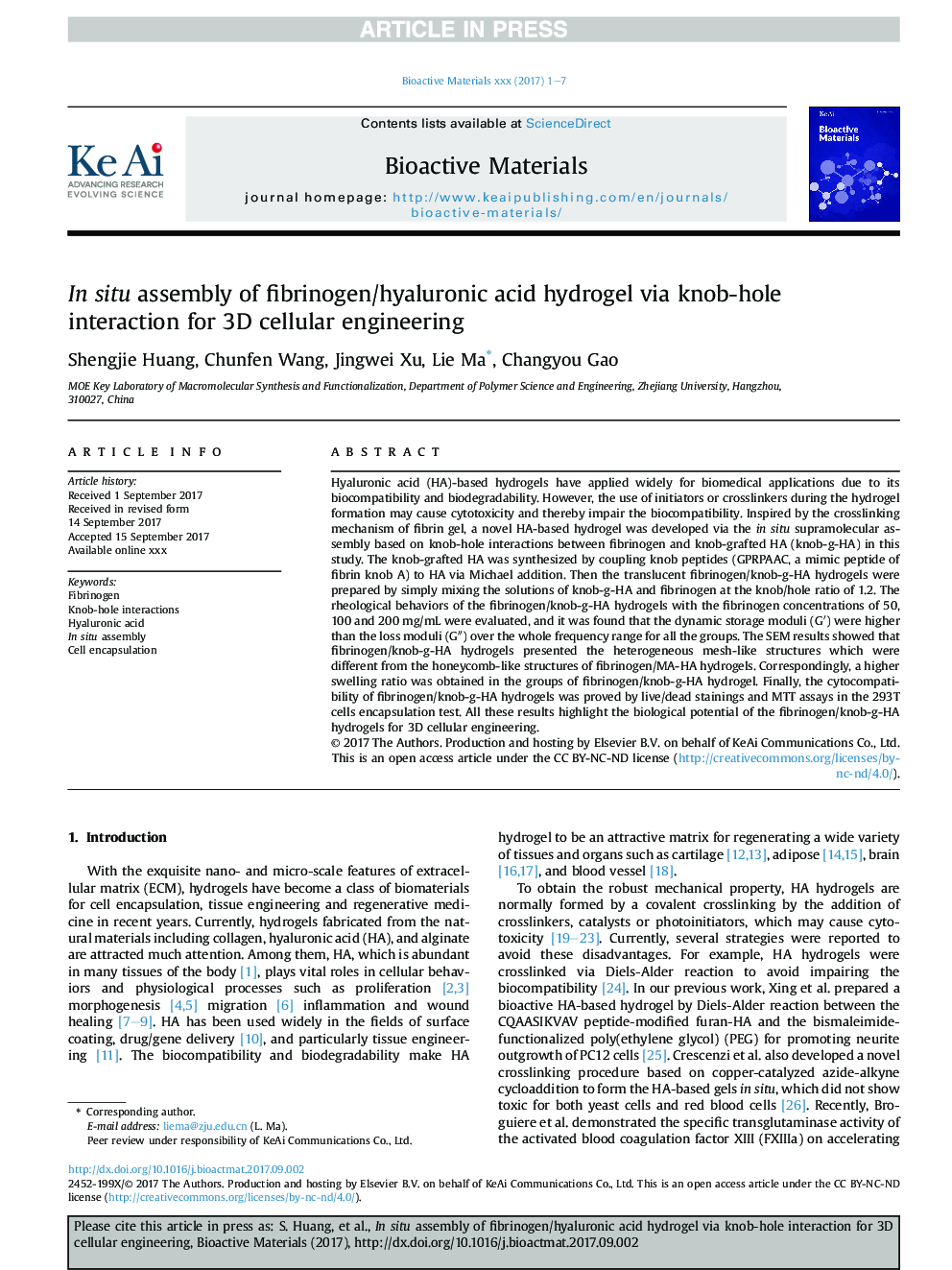 In situ assembly of fibrinogen/hyaluronic acid hydrogel via knob-hole interaction for 3D cellular engineering