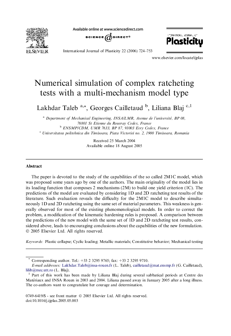 Numerical simulation of complex ratcheting tests with a multi-mechanism model type