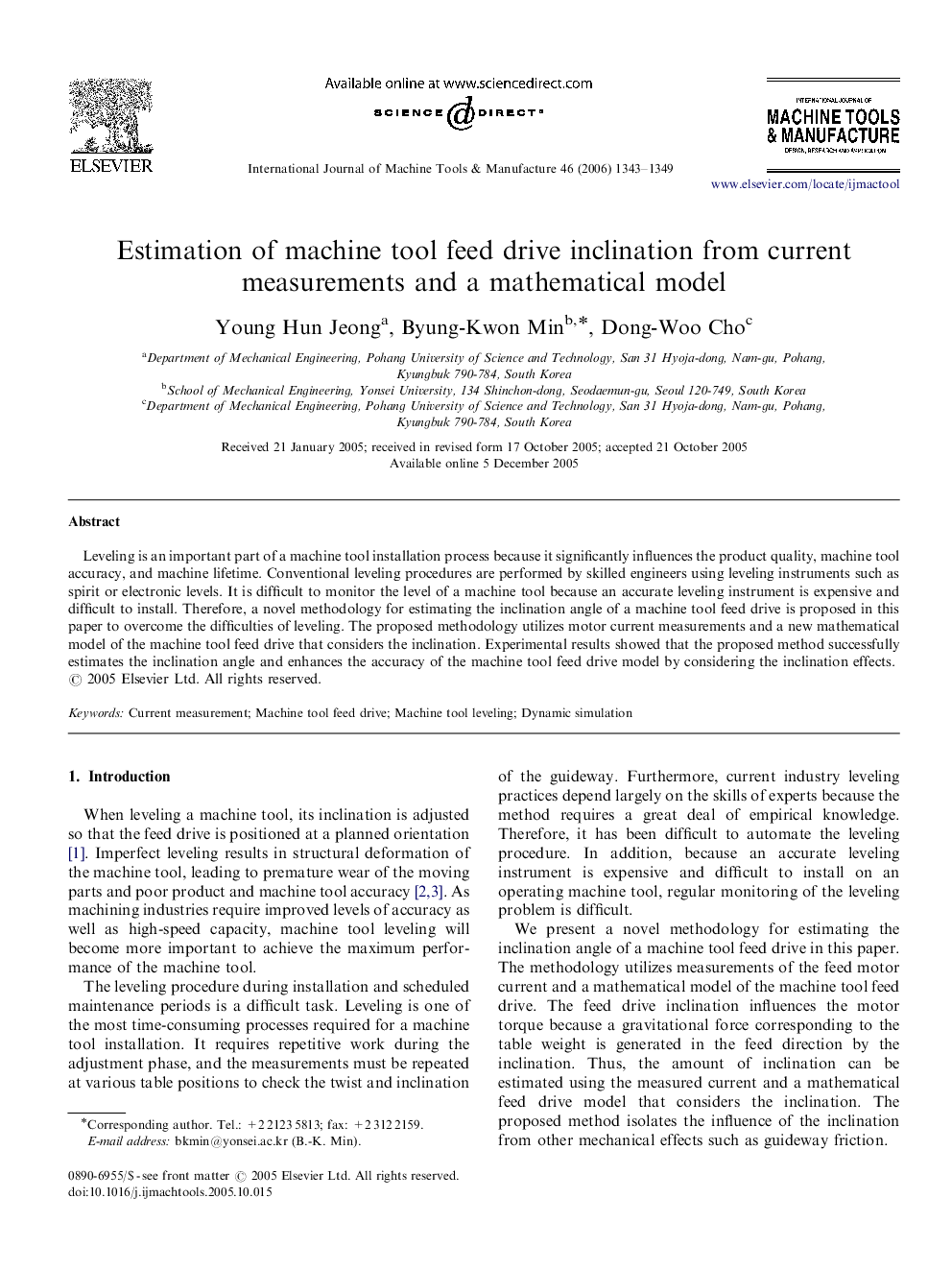 Estimation of machine tool feed drive inclination from current measurements and a mathematical model